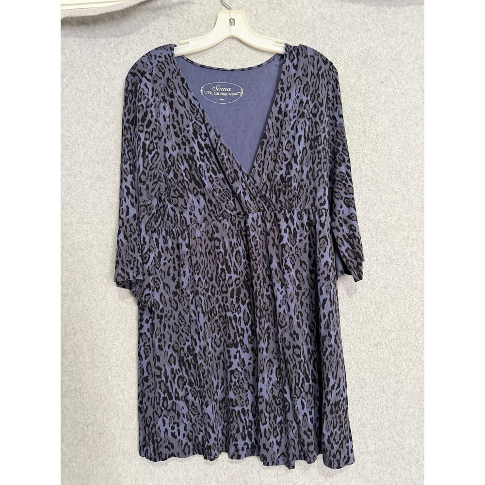 Soma Sleep Shirt Womens Large Purple Leopard Jersey V-Neck 3/4 Sleeve Lounge